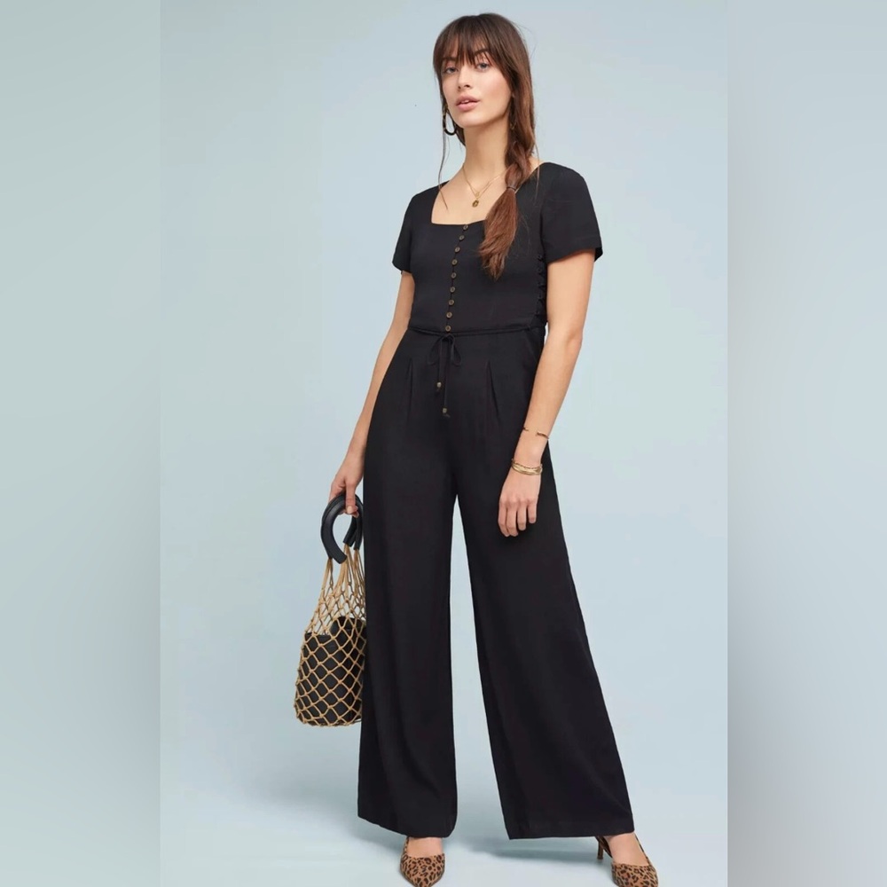 Maeve Black Button-Front Wide-Leg Jumpsuit (Size 6)